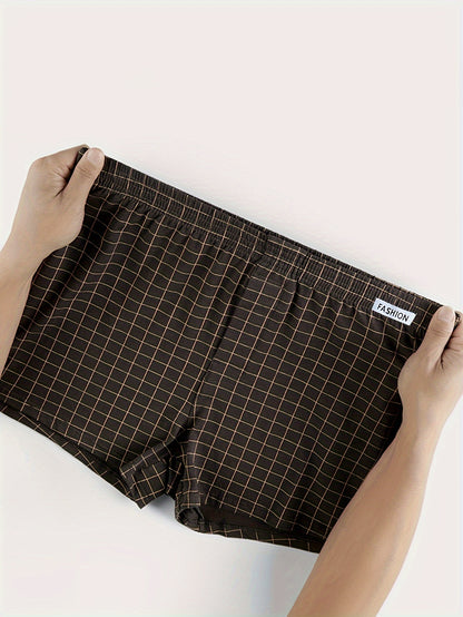 3pcs Men'S Loose Fit Plaid Boxer Briefs - 95% Mid-Rise Athletic Shorts with Elastic Waistband, Breathable & Comfortable for Casual Attire, Black/White/Beige/White/Gray/Beige, Everyday Comfort Shorts | Relaxed Fit Shorts | Med