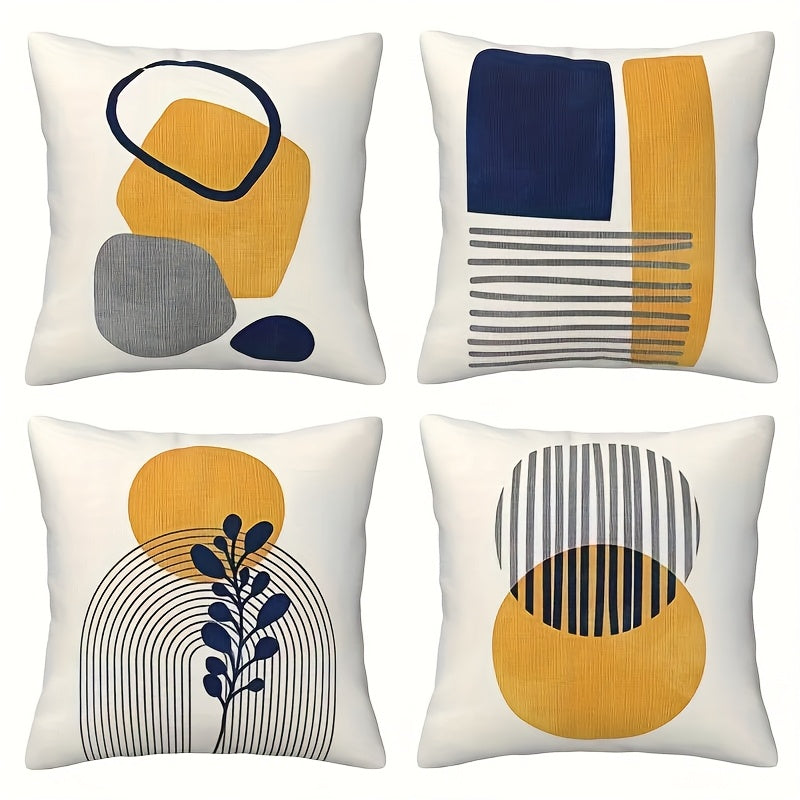 4pcs Bohemian Abstract Green Leaf Geometric Square Pillow Covers - Contemporary Machine-Washable Zipper Closure Cushion Cases for Living Room, Bedroom, Sofa & Office Decor, Bedroom Accessories | Artistic Cushion Covers | Mach