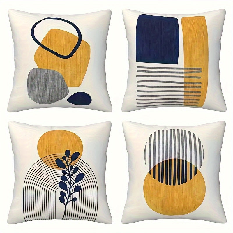 4pcs Bohemian Abstract Green Leaf Geometric Square Pillow Covers - Contemporary Machine-Washable Zipper Closure Cushion Cases for Living Room, Bedroom, Sofa & Office Decor, Bedroom Accessories | Artistic Cushion Covers | Mach