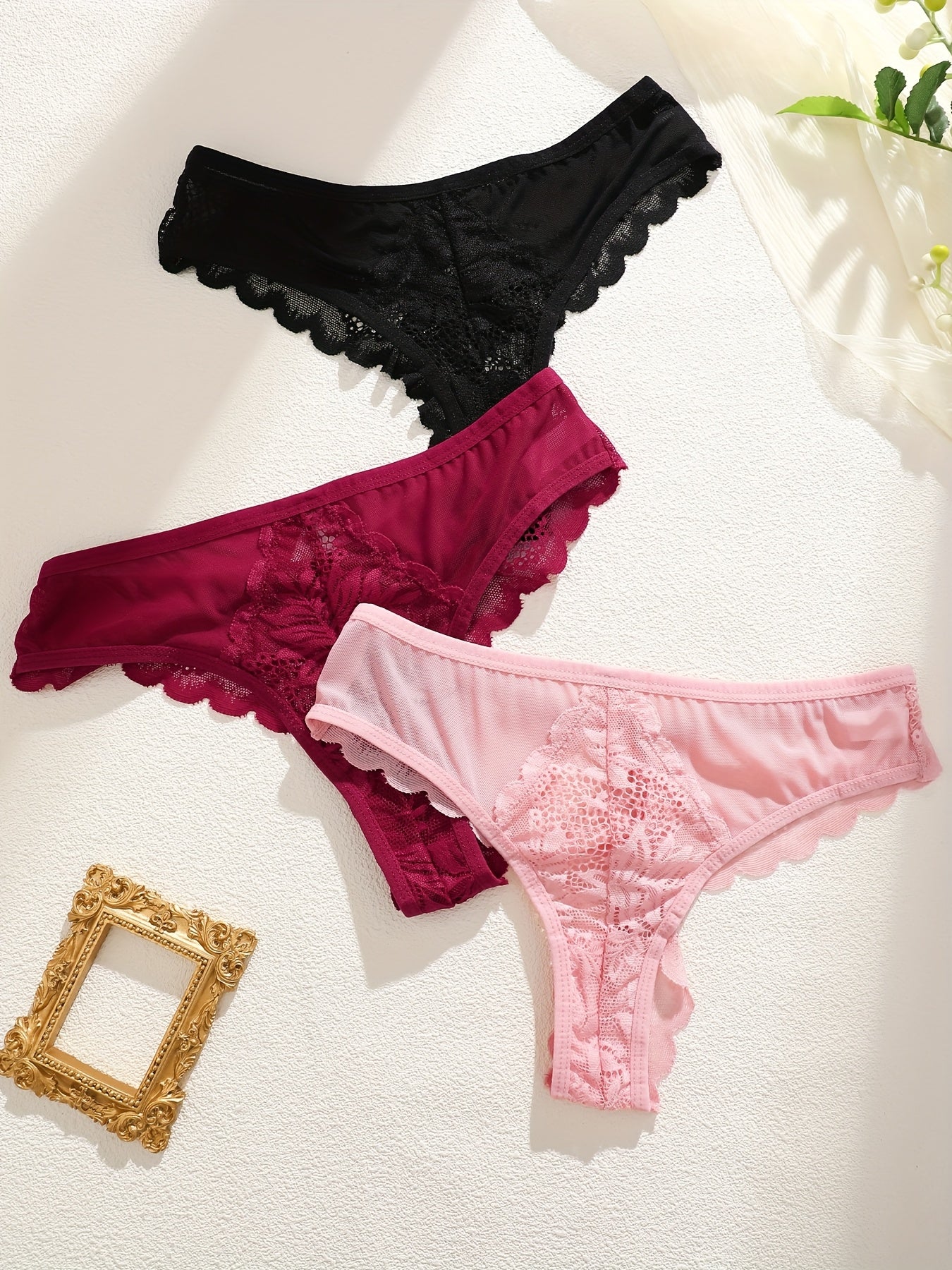 3pcs Women's Lace Trim Sexy Sheer Thong Set, Intimate Wear, Thong Collection, Feminine Lingerie, Elegant Thongs, Soft Lace, Comfortable Fit, Vstring Panties, Lowrise Underwear, Sensual Undergarments, Lingerie Lovers