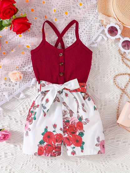 Girls' Summer Casual Floral Print Off-Shoulder Jumpsuit with Adjustable Waist Belt - Lightweight Breathable Shorts for Outdoor Play & Daily Wear, Blue & White Flower Design, Perfect for Weekend Outings, Cute Outfits for Girls