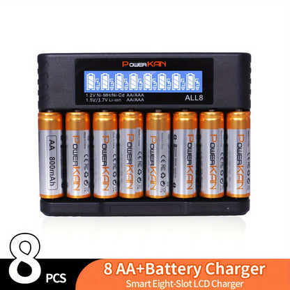 Set (battery + charger), PowerKAN 1.2V NiMH rechargeable AA & AAA Battery + ALL8 charger, high quality battery rechargeable discharge cycle, 800mAh AAx8 & 300mAh AAAx8 combination, with 5V 2A USB fast charging LCD charger