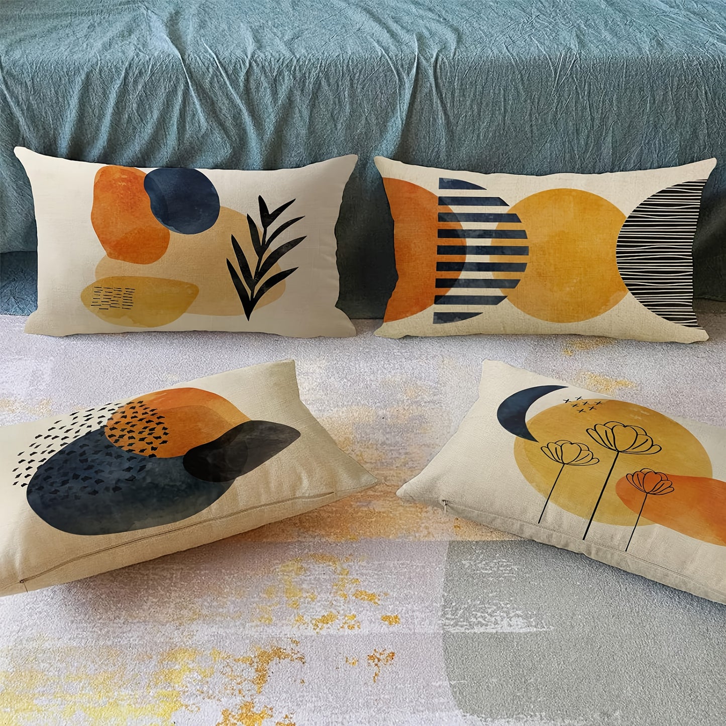 4pcs Boho Abstract Art Decorative Throw Pillow Covers - Modern Geometric, Sun & Moon Designs with Botanical Accents, Rectangular Polyester Cushion Cases for Home Decor - Machine Washable, Zip Closure (No Inserts), Decorative