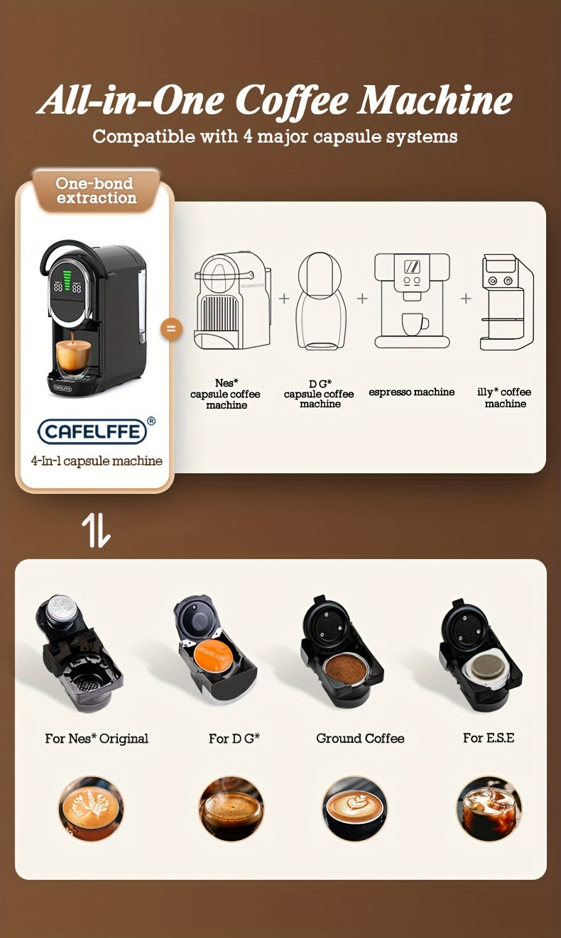 CAFELFFE 4-in-1 Capsule Coffee Machine | 19 Bar Espresso Maker | Smart Temp Control & 7 Preset Brewing Times | Compatible with Nes/DG/ Capsules Ground Coffee/ESEpod | Premium Gift Set for Coffee Lovers & Family, Automatic Esp