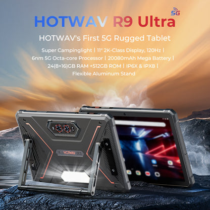 The HOTWAV R9 Ultra Is A Rugged Tablet with An 11-inch HD+ 120Hz Display, Android 15, 24 (8+16)GB RAM And 512 (expandable to 2TB)GB ROM, 64MP+16MP, 20MP Night Vision Cameras, 20080mAh Battery, S713 Chip, Dual 5G SIM Cards, GP