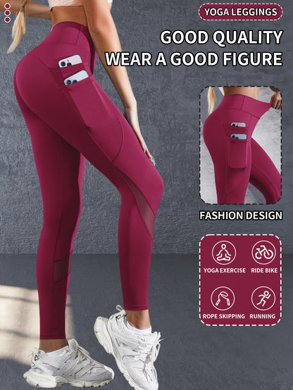 Boost Your Workout with Women's Tummy Control Sports Yoga Leggings - Phone Pocket, Mesh Contrast & Breathable Tight-Fitting Pants!