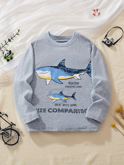 LITTLE BITTY Boys' Cotton Long Sleeve Crew Neck T-Shirt, Cartoon Shark Pattern, Casual Skinny Fit, Breathable Knit Fabric, Regular Sleeve, for Hiking & Outdoor, Weekend Casual Wear - Spring/Summer Collection