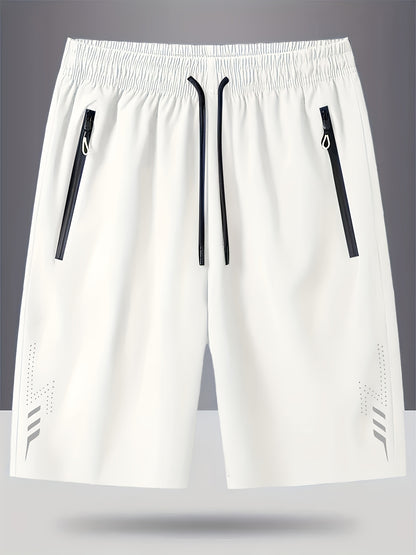 3pcs Men's Lightweight Quick-Dry Athletic Running Shorts - Loose Fit Plus Size, Zipper Pocket & Elastic Waistband, Polyester/Elastane Blend Swim Shorts with White & Black Design for Gym, Beach, Jogging - Summer Workout Swim T