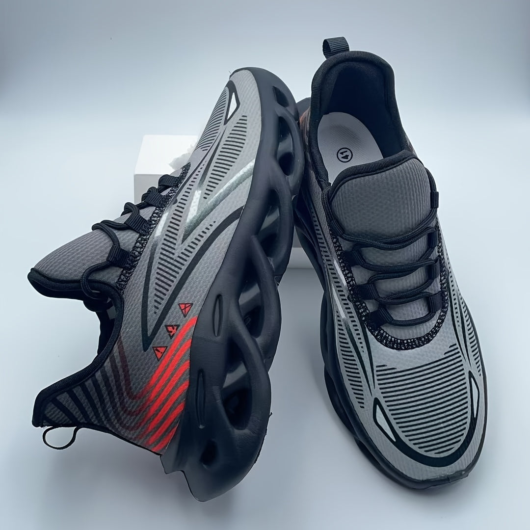Sapatilhas de corrida para homem em malha respirável - Leve, com absorção de impacto, sola MD durável, sapatilhas desportivas de cano baixo para desportos ao ar livre, caminhadas e uso casual, design preto e cinzento, fecho com atacadores.