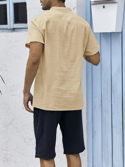 Men's Shirt Top, Solid Band Collar Short Sleeve Closure Summer Male Casual Henley Shirt For Daily Business Formal Shirts For Men