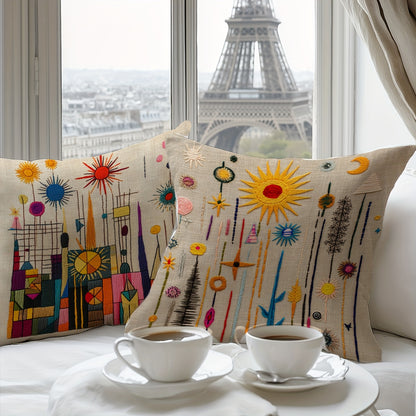 2D printing, 4pcs, abstract pillow set, with beige as the base, presenting elements such as sun and geometric shapes, full of artistic sense, non real embroidery. 45.72 * 45.72 cm, home decoration, suitable for sofas, living