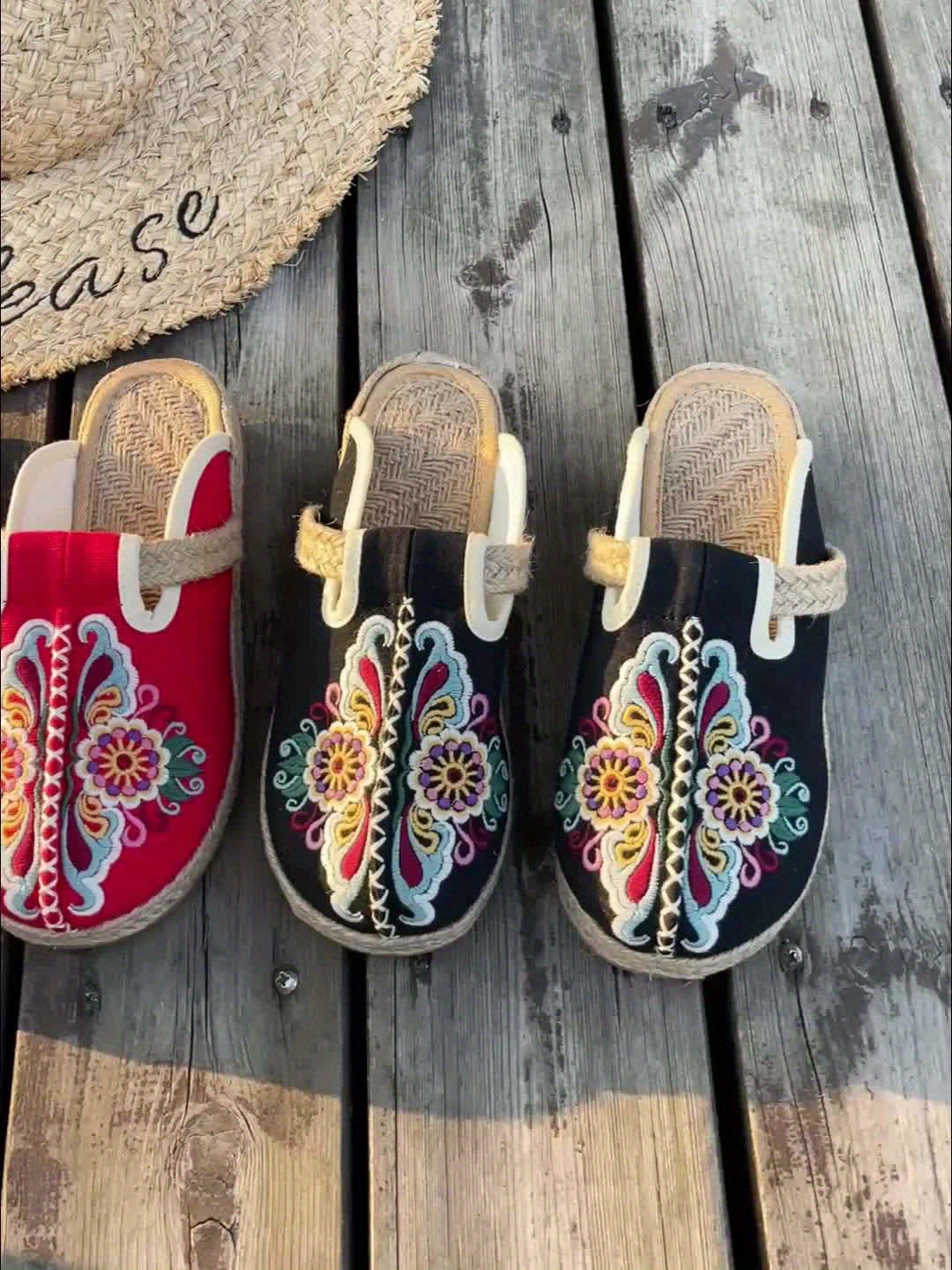 Women'S Ethnic Floral Embroidered Fabric Slides - Handmade Woven Espadrille Sole, Round Toe Slip-On Flat Heel Sandals for All Seasons, White with Colorful Flower Patterns, Casual Footwear | Floral Pattern Sandals | Woven Espa