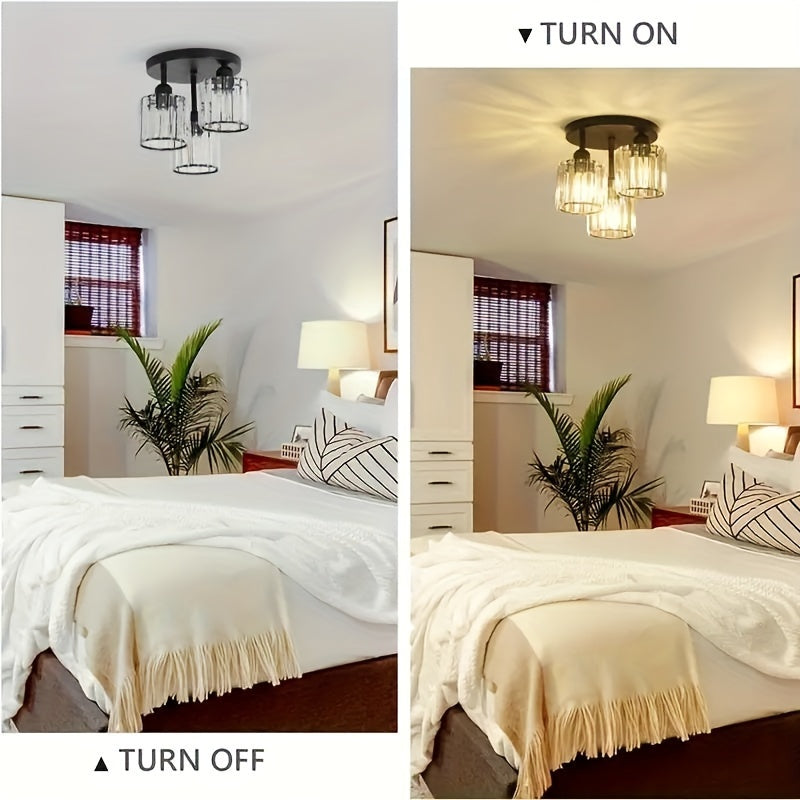 Modern 3-Light Semi-Flush Mount Crystal Chandelier - Metal Ceiling Light Fixture with Glass Shades for Dining Room, Foyer, Hallway, Kitchen Island, Office - E27 Bulb Base, Hardwired (Bulbs Not Included)