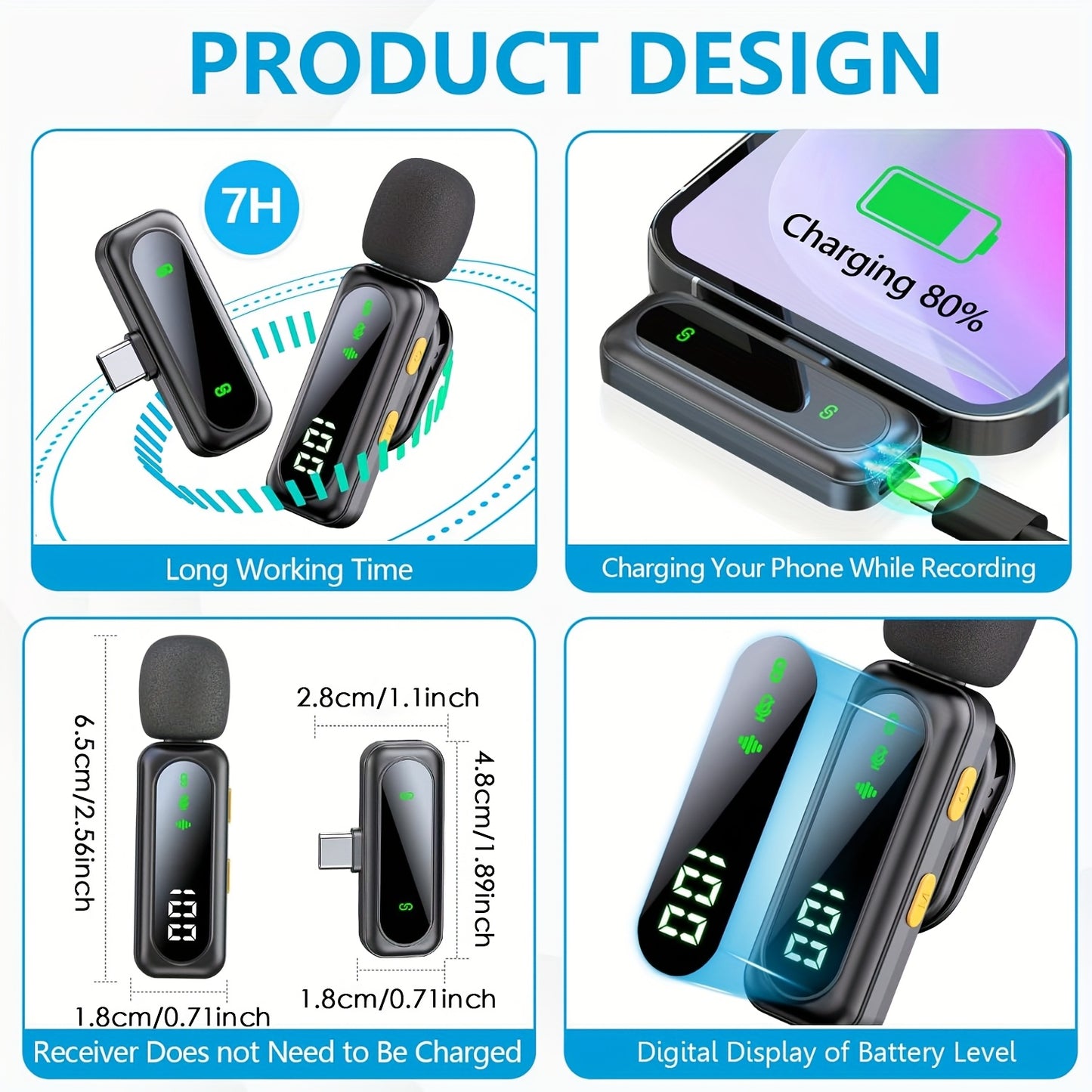 HITOZON Professional Wireless Lavalier Microphone with LED Power Display, Plug & Play, USB-C, Rechargeable Battery, Ideal for Content Creators, Live Streaming, Podcasting - Sleek Black Design with Fluffy Pom-Pom, Wireless Mic