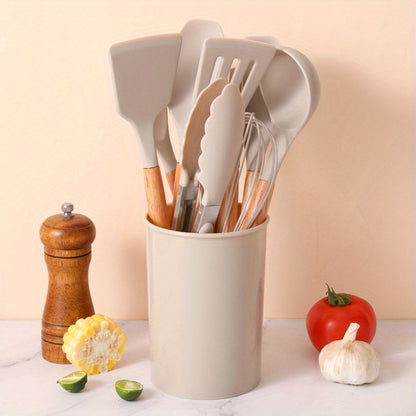 12pcs, Silicone Utensil Set, Khaki Kitchen Utensil Set With Wooden Handle, Safety Cooking Utensils Set, Non-Stick Kitchen Tools Set, Washable Modern Cookware, Kitchen Stuff, Kitchen Gadgets Kitchen Accessories