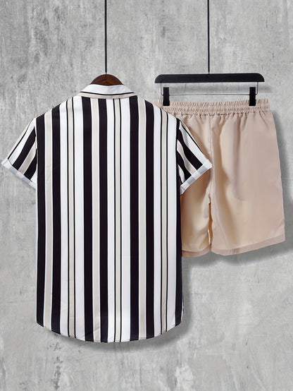 2pcs Men's Stripe Pattern Color Block Short Sleeve Button Shirt & Loose Shorts, Men's Casual Outfit For Summer Vacation