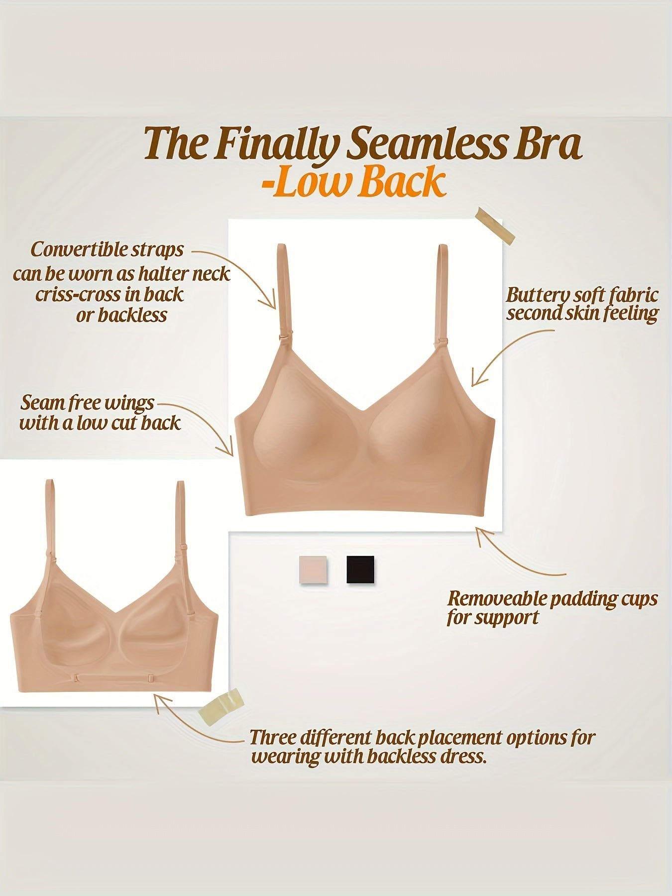 Women's Wireless Sports Bra With Flat Convertible Straps, Seamless Invisible Edge, And Ultra Low-Back Design, Adjustable Fit