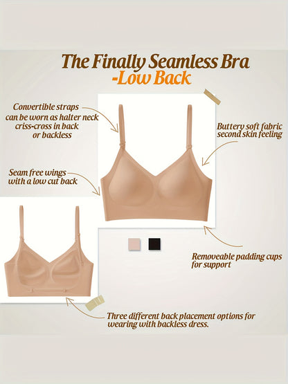 Women's Wireless Sports Bra With Flat Convertible Straps, Seamless Invisible Edge, And Ultra Low-Back Design, Adjustable Fit