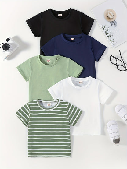 5pcs Solid Color & Striped Round Neck T-shirt Tees Tops Casual Soft Comfortable, Boys And Girls Summer Clothes