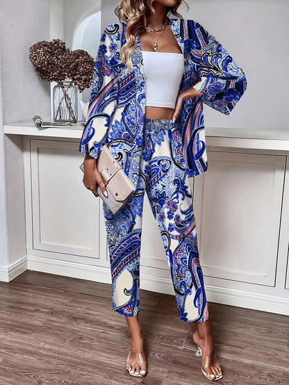 Conjunto Boho Paisley com Calça, Blusa de Manga Comprida com Botões Frontais e Calças Retas - Roupa Mulher