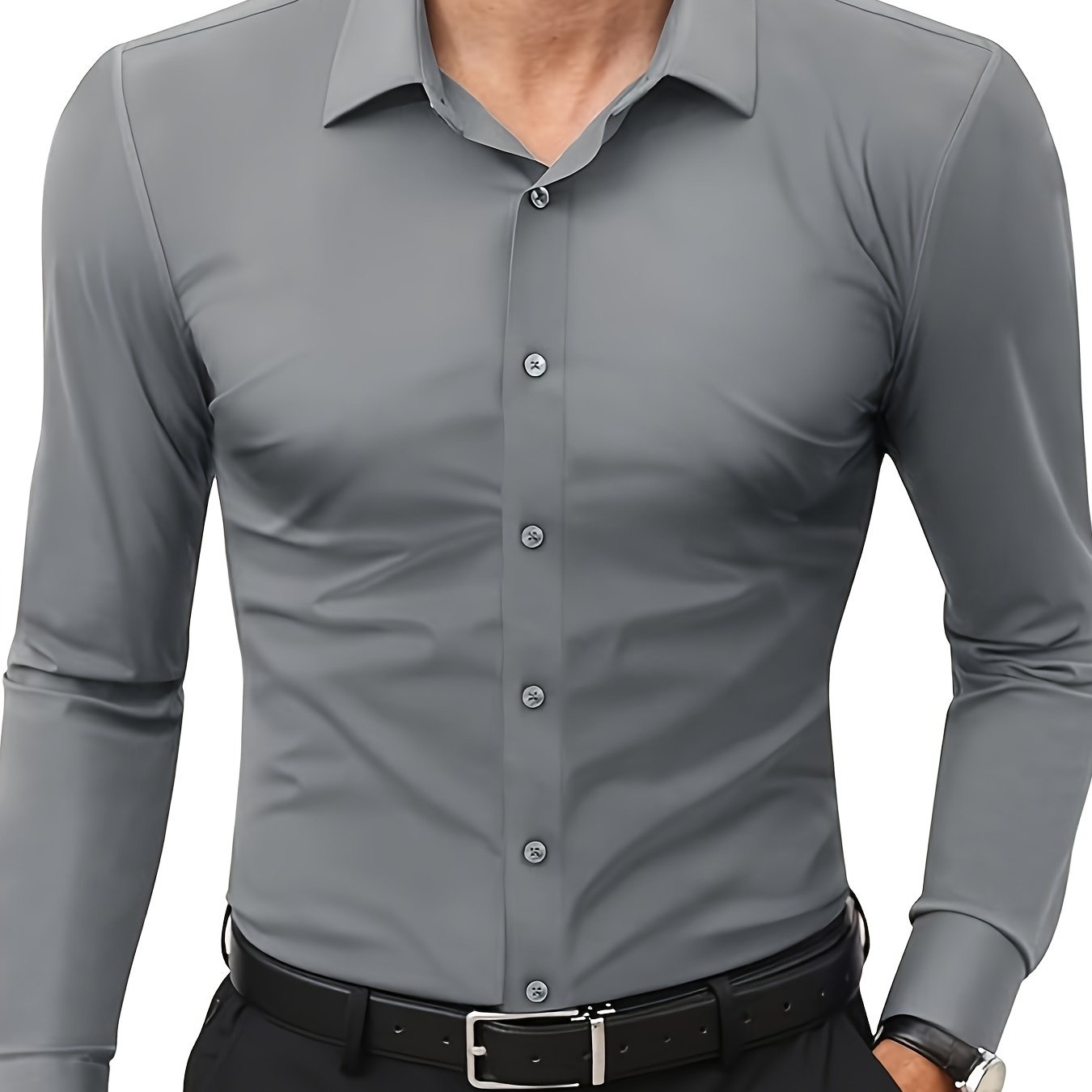 Men'S Slim Fit Long Sleeve Shirt - 55% Cotton, 40% Polyester, 5% Spandex, Solid Color, All-Season, Woven Fabric, Button-Up, Lapel Collar, Casual Weekend Wear, 125g/m²