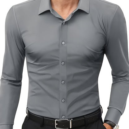 Men'S Slim Fit Long Sleeve Shirt - 55% Cotton, 40% Polyester, 5% Spandex, Solid Color, All-Season, Woven Fabric, Button-Up, Lapel Collar, Casual Weekend Wear, 125g/m²
