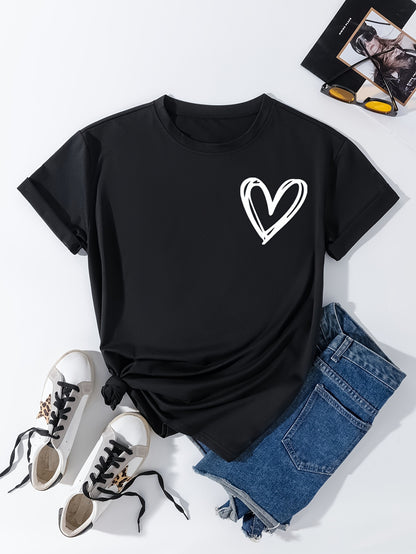 Heart Print T-shirt, Casual Short Sleeve Crew Neck Top For Spring & Summer, Women's Clothing