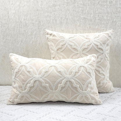 1pc Geometric Pattern Towel Embroidery Cushion Cover, Beige Base Fabric with White Embroidery