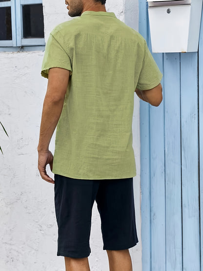 Men's Shirt Top, Solid Band Collar Short Sleeve Closure Summer Male Casual Henley Shirt For Daily Business Formal Shirts For Men