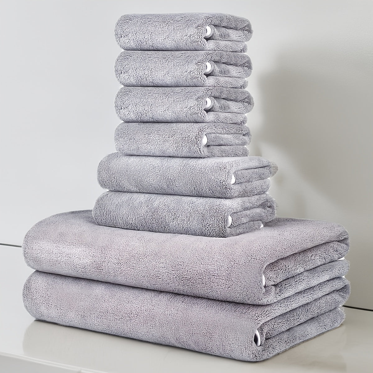 8-Pack Ultra-Soft Coral Fleece Bath Towel Set, 2 Bath Towels 69.85 X 139.7 cm, 2 Hand Towels 34.8 X 74.93 cm, 4 Square Towels 29.97 X 29.97 cm, Quick-Drying, Highly Absorbent And Lightweight, Gentle Camping Towels