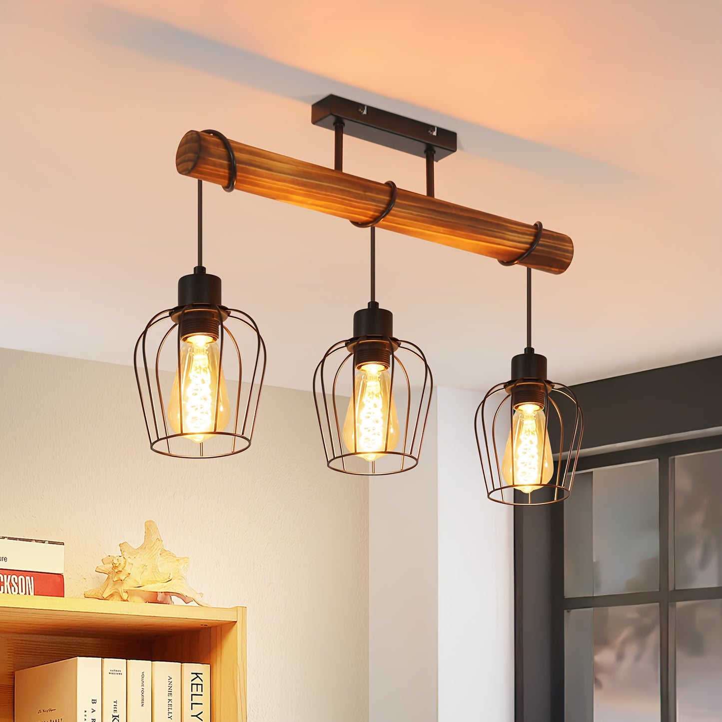 3 Bulbs Wooden Living Room Lamp Black - Socket: E27 - Vintage Ceiling Lamp, Height Adjustable Spotlight Made Of Metal And Wood (Without Bulb)