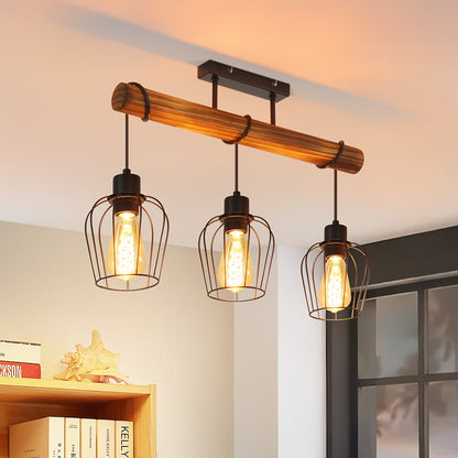 3 Bulbs Wooden Living Room Lamp Black - Socket: E27 - Vintage Ceiling Lamp, Height Adjustable Spotlight Made Of Metal And Wood (Without Bulb)