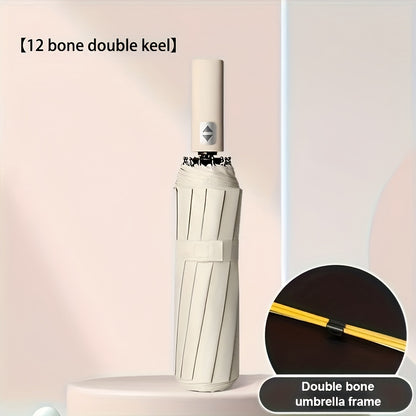 Large Automatic Folding Umbrella - Double Rib Design, Windproof &, 12 Ribs, Compact & Durable, Black with Orange Accents, Dual User Coverage, | Fashion Accessory | High-quality Fabric, Outdoor Umbrella