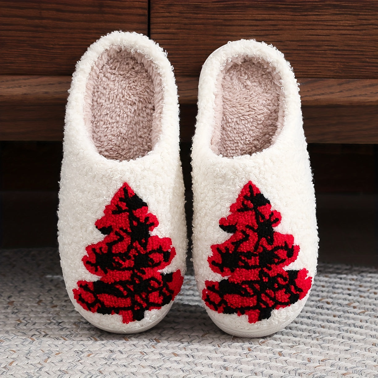 Christmas Tree Pattern Fuzzy Slippers, Winter Warm Closed Toe Flat Floor Shoes, Cozy Soft Sole Plush Home Slippers