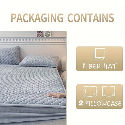 3pcs Soft And Comfortable Milk Velvet Fitted Sheet And Pillowcase Set, Sandwich Thickened Fitted Sheet And Pillowcase Set, Good Warmth Effect, Fitted Sheet Height 30Cm, Quilted Style Fitted Sheet, Suitable for Bedroom And Gue