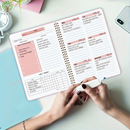 1pc Trees Spiral Undated A5 Daily Weekly Notebook Planner Agenda, Stationery Office School Supplies, Record Daily Plans To Achieve Future Goals, 21.08*13.97 Cm, 52 Sheets