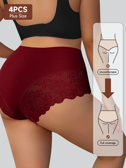 4pcs Women'S Plus Size High-Waisted Briefs - Tummy Control Butt Lifting Underwear with Seamless Wrap, Non-Slip Grip & Lifted Hipline - Stretchy Everyday & Special Occasion Panties - Burgundy/Beige/Black/ - QUASTI, Tummy Contr