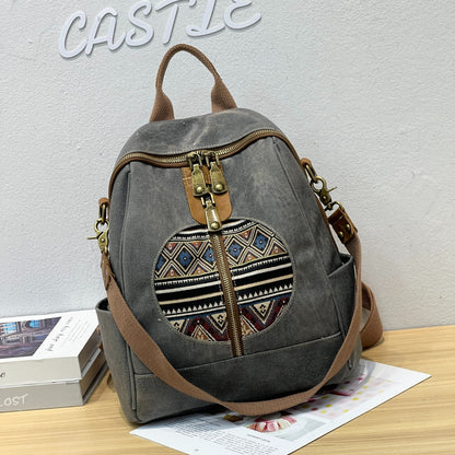 Bohemian Tribal Print Canvas Backpack with Adjustable Straps & Metal Hardware - Convertible Single/Double Shoulder Casual Daypack for Travel, School, Shopping - Zipper Closure & Polyester Lining, Backpack for Travel, Geometri