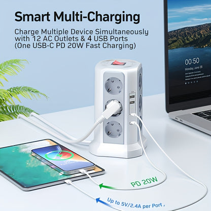 EU Multifunctional Power Tower Plug with 2 USB A Ports And 2 USB C Ports, HAFINO Triple 12-position Multi-socket Power Strip with PD 20W Fast Charging (4000W 16A) for Home And Office Scenarios
