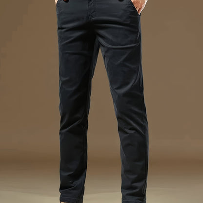 Men's Solid Navy Blue Straight-Leg Dress Pants - All-Season Full-Length Formal & Business Casual Trousers with Zipper Closure, Machine Washable, Durable Comfort Fit for Office, Semi-Formal & Casual Attire - Versatile Solid Co