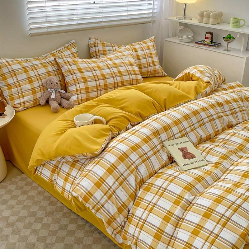 4pcs quilt set (1*quilt cover + 1*bed sheet + 2*pillowcases, excluding quilt core), yellow and white line printed bedding set, soft and comfortable four-season quilt cover, suitable for bedroom and guest room