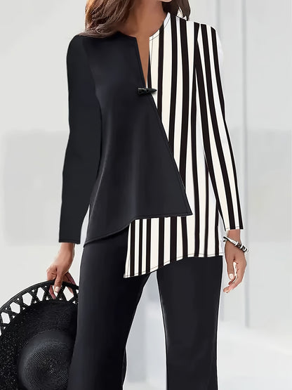 Stripe Print Button Front Asymmetric Blouse, Elegant Long Sleeve Top For Spring & Fall, Women's Clothing