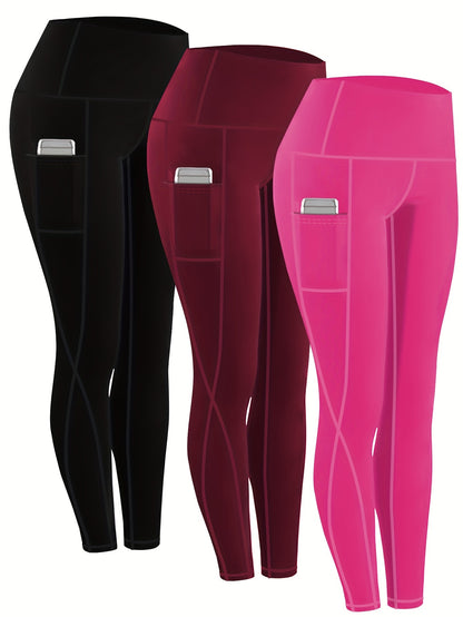 230g Women's Leggings Set of 3 High Waist Breathable with Pockets Compression Tights Multi-Color Suitable for All Seasons Daily Sports Fitness Yoga Shapewear