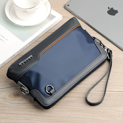 Men's Luxury Multi-Functional Handbag & Wallet in One - Dark Navy Blue/Black with Golden-Tone Hardware, Soft Silky Texture, Golden-Tone Hardware, Zipper Closure & Detachable Strap - Travel, Commute, Formal & Everyday Use - Id