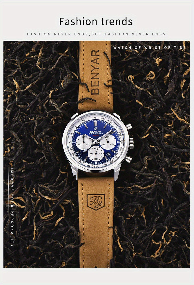 Relógio BENYAR para homem, marca de alta qualidade, desportivo, multifunções, cronógrafo, quartzo, preto, elegante, com calendário e bracelete em pele.