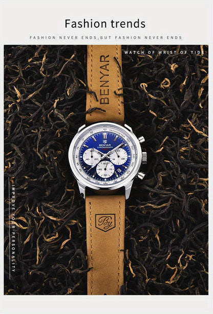 Relógio BENYAR para homem, marca de alta qualidade, desportivo, multifunções, cronógrafo, quartzo, preto, elegante, com calendário e bracelete em pele.