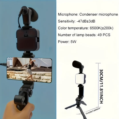 Professional Selfie Stick Light Kit with Tripod-like Stabilizer, 5-in-1 Phone Camera Stand & LED Ring Light, Portable /Smartphone Compatible for Live Streaming, Vlogging, YouTube, Interviews - Compatible with iPhone/ (No Batt