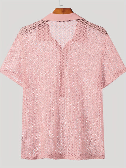 [Popular Choice] Trendy Sheer Mesh Cut-Out Top - Sexy Collared Short Sleeve Shirt in Bright Colors, Polyester, Summer Wear, Short Sleeve, Fas Shirt.hionNova, Sexy Style, Loosen Version, Summer