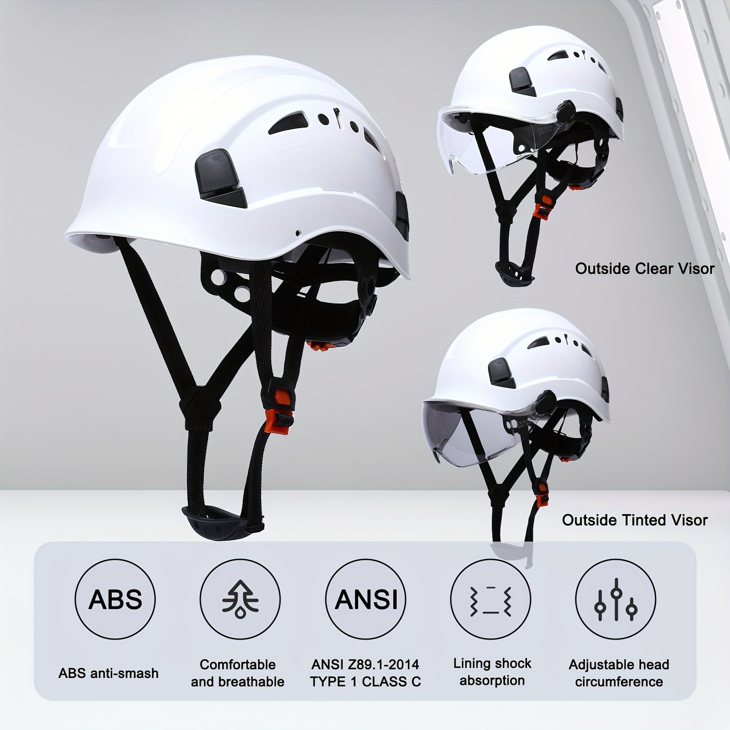 Capacete de segurança ajustável com viseira integrada - Plástico ABS durável, design ergonómico para utilização na construção civil e indústria, branco, equipamento de segurança para a construção, acabamento brilhante elegante, tiras de ajuste seguro.