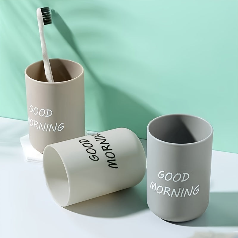 1pc Minimalist Plastic Toothbrush Cup, "Good Morning" Printed Family Bathroom Rinse Mug, Creative Oral Care Cups, Toothbrush Cup